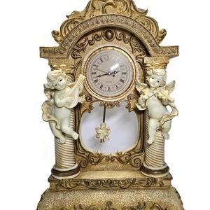 Vintage Cherub Table Clock w/ Swinging Pendulum Ornate Baroque Style Quartz 23"